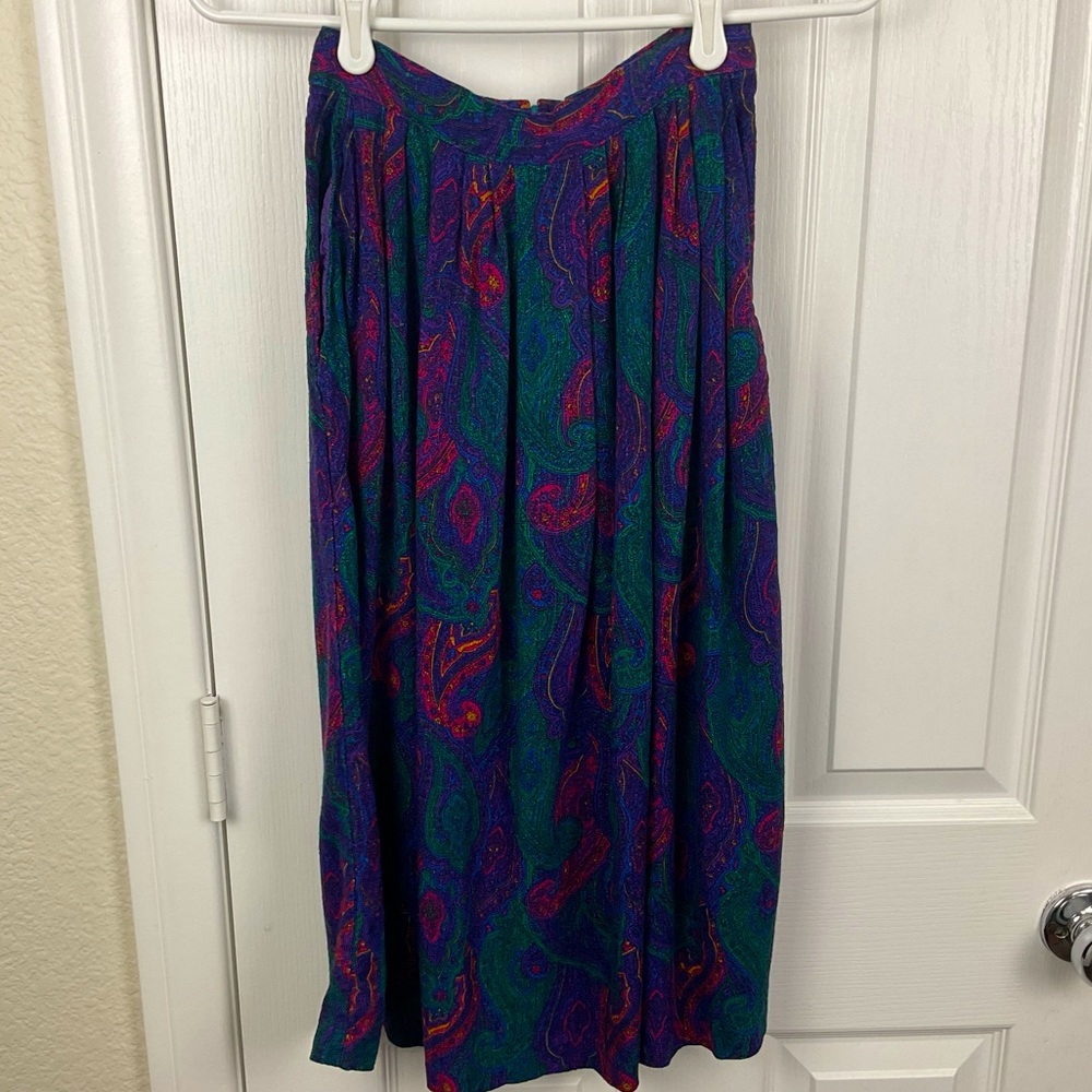 Vintage Claude Women’s Paisley Green, Purple, and Red Boho Petite Skirt, Size XS